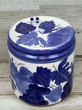 Vintage Blue White Stoneware Canister Jar Grapes Hand Painted Kitchen Canister